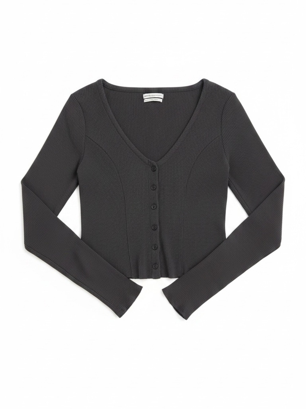 Ribbed V-Neck Button-Front Long Sleeve Top - Charcoal - Urban Outfitters